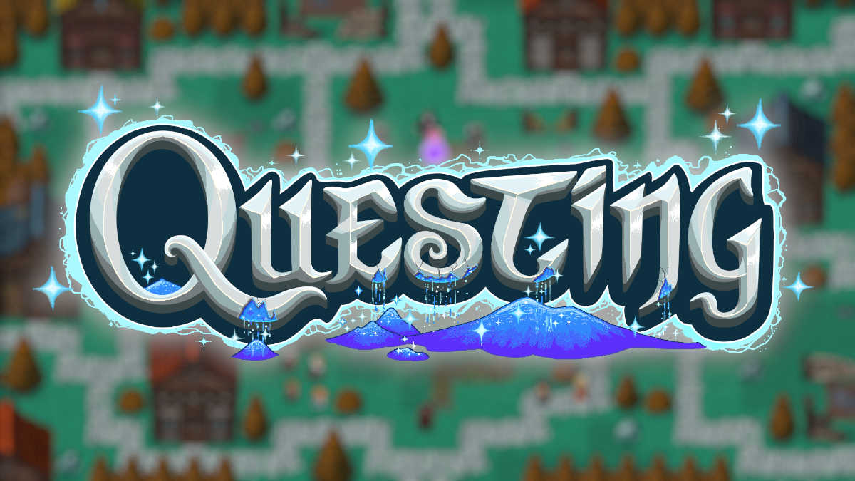 Questing logo over a screenshot from the game